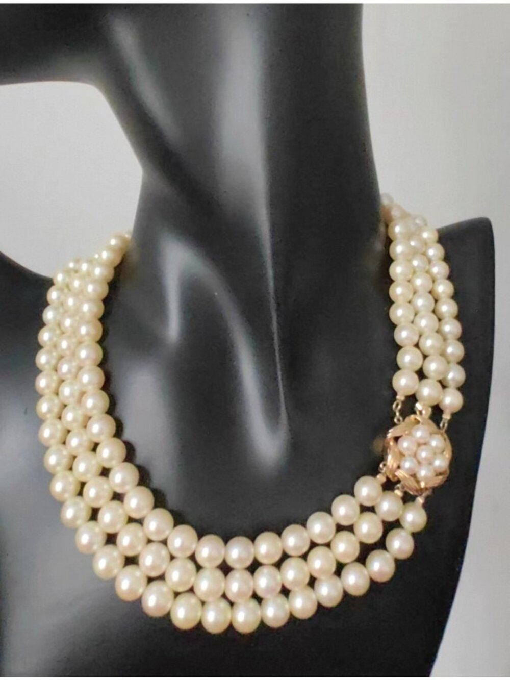 Mikimoto 4.44-7.5mm 3 triple strand akoya pearl necklace Gold14k with case